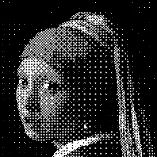 Test image "Girl with a Pearl Earring" with back and white palette, quantized in the linear color space using Bayer 8x8 dithering
