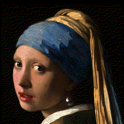 Test image "Girl with a Pearl Earring" with RGB111 palette, quantized in the linear color space using Floyd-Steinberg dithering