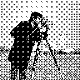 Test image "Cameraman" with black and white palette, using Bayer 8x8 dithering and white threshold = 96