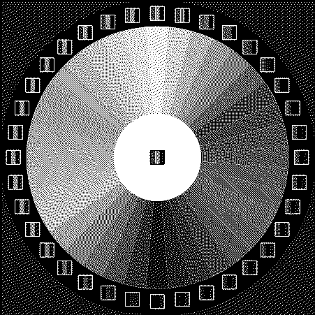 Color wheel with black and white palette, blue background and Floyd-Steinberg dithering, using error diffusion by brightness (the default strategy for grayscale palettes)