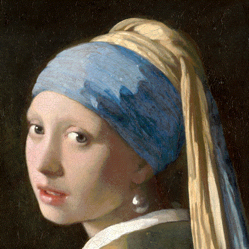Test image "Girl with a Pearl Earring" with system default 8 BPP  palette, quantized in the linear color space using Floyd-Steinberg dithering