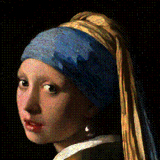 Test image "Girl with a Pearl Earring" with RGB111 palette, quantized in the linear color space using Bayer 8x8 dithering