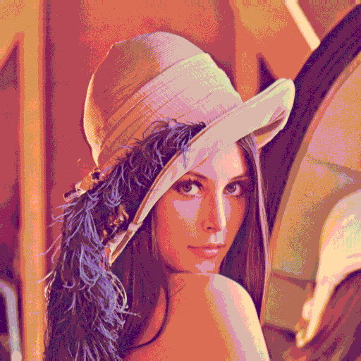 Test image "Lena" with RGB332 palette using nearest color lookup